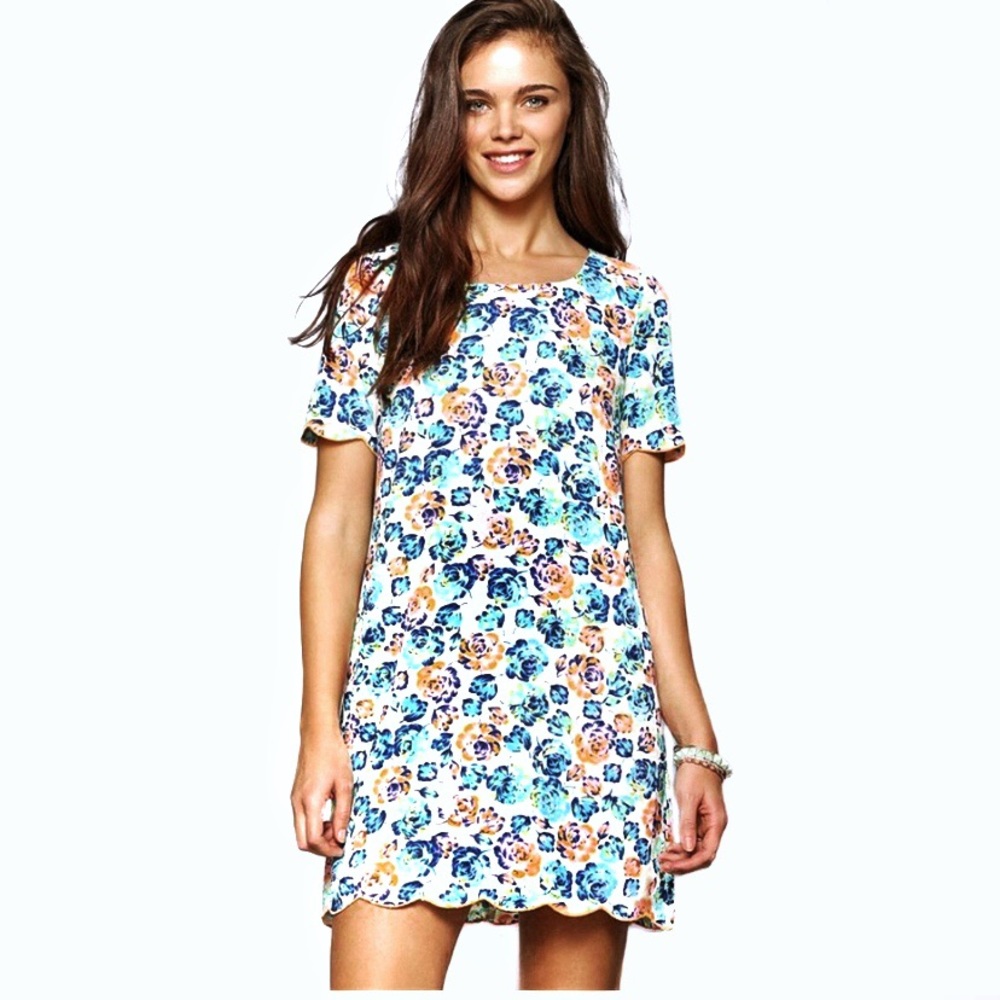 Coincidence & Chance Silky Scallop-Hem Shift Dress